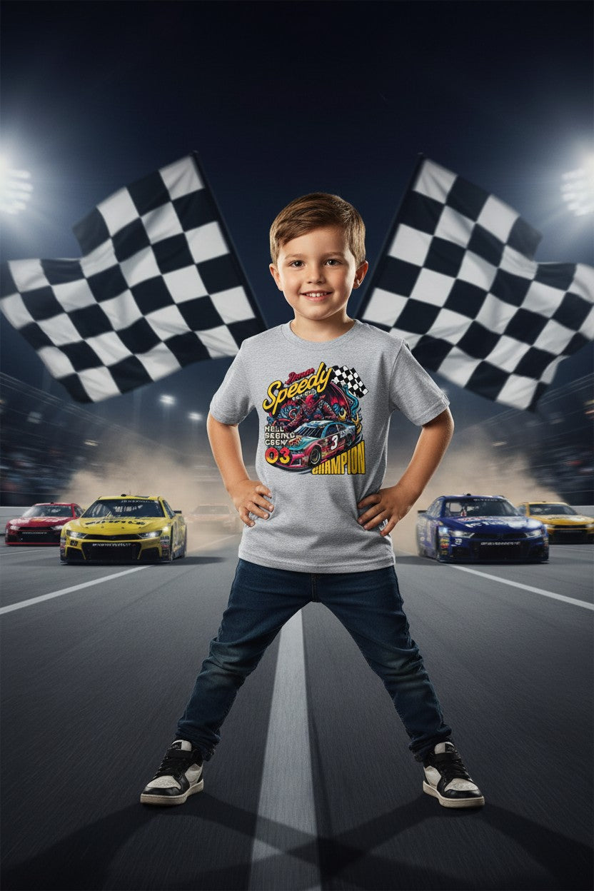 Demon Speedy – Hell Racing Crew Kids' Graphic Tee | Wicked Reality