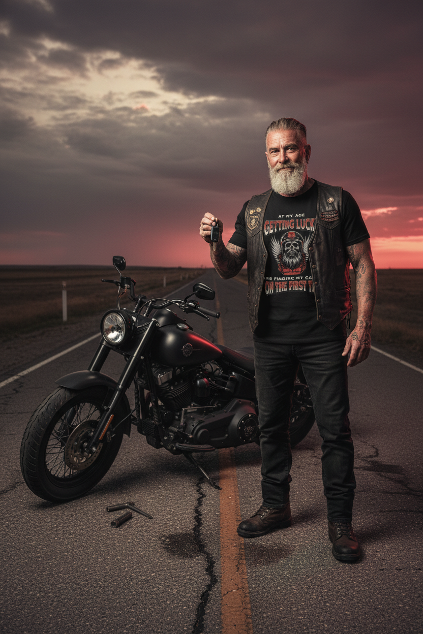 Men's biker skull dark humor graphic tee on black – Wicked Reality