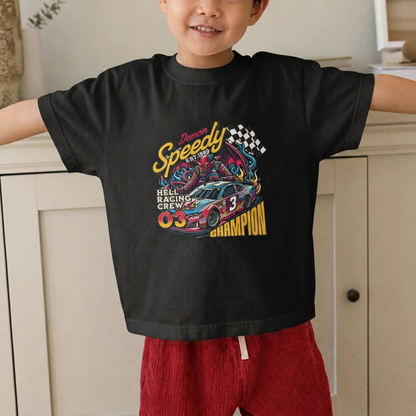Demon Speedy – Hell Racing Crew Kids' Graphic Tee | Wicked Reality