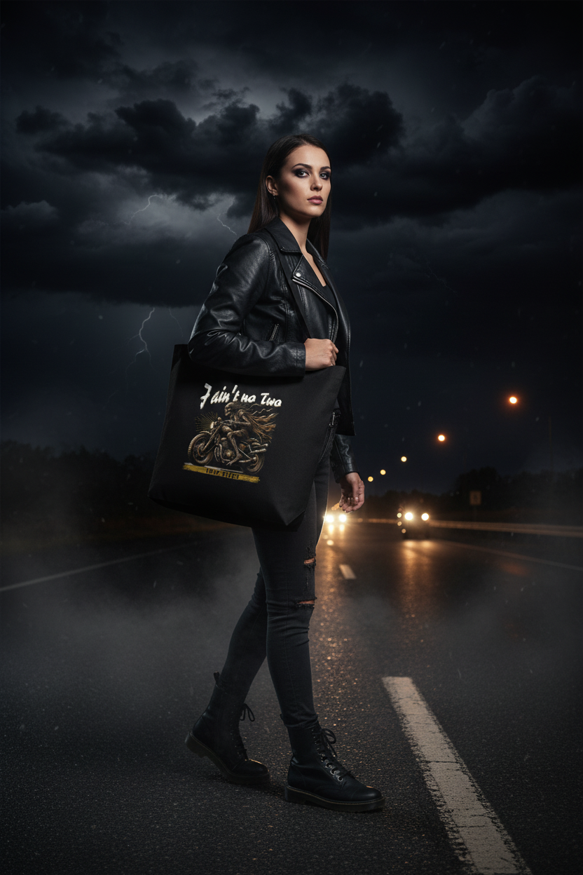 Gothic biker canvas tote bag dark humor – Wicked Reality