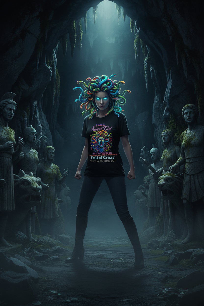 "I Am a Sweet Girl" – Women's Dark Humor Medusa Graphic T-Shirt