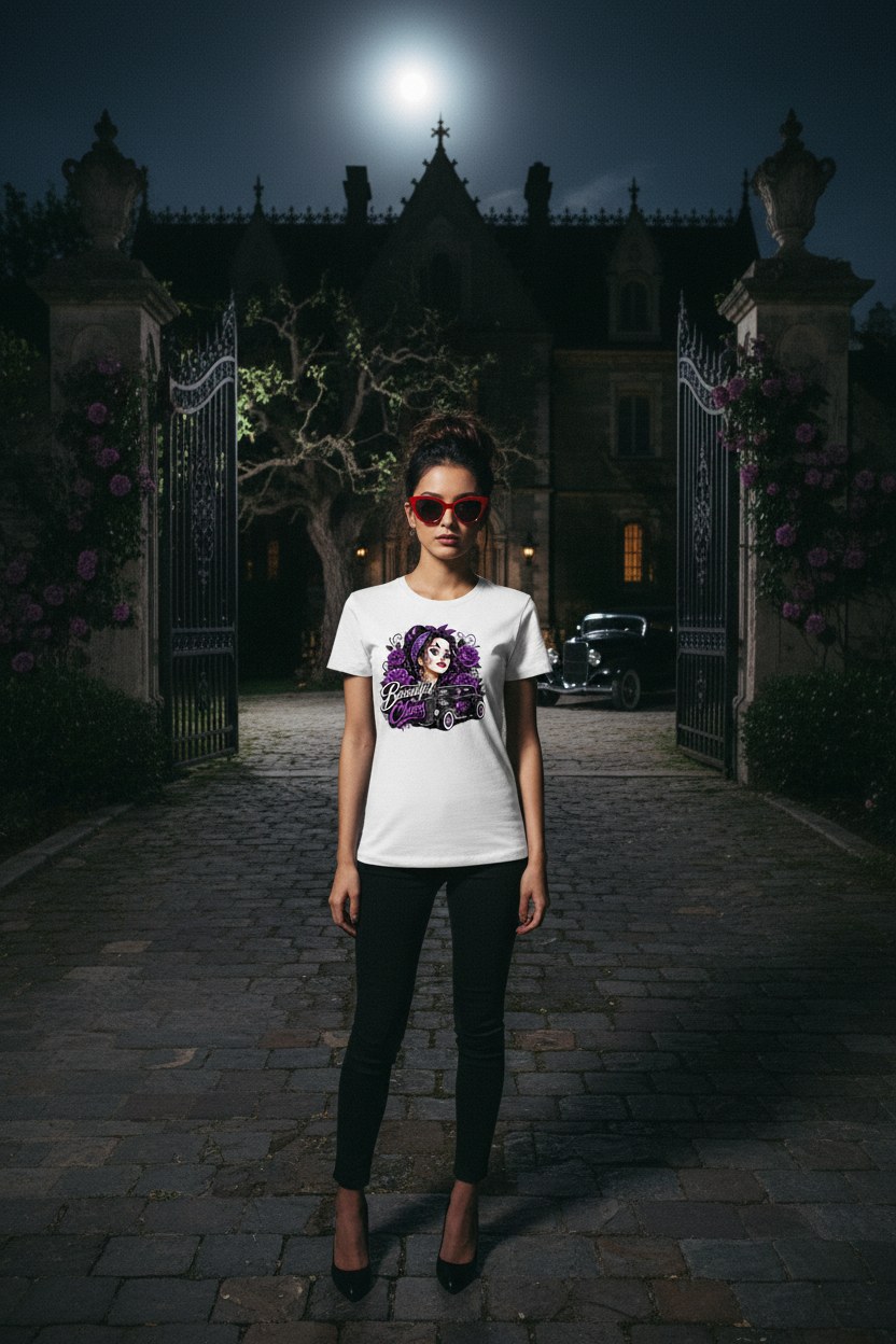 Beautiful Chaos gothic women's tee - dark mansion driveway scene