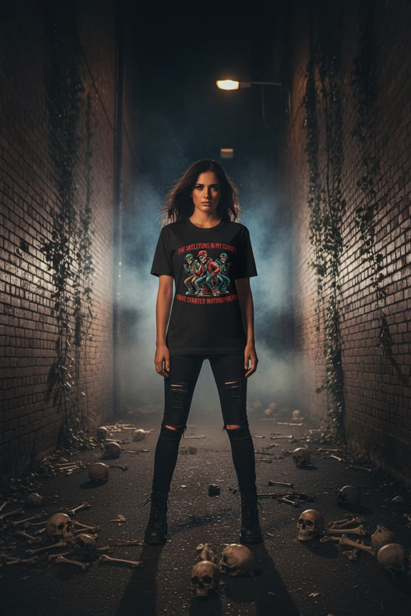 "Skeletons in My Closet Have Started Inviting Friends" – Women's Dark Humor Graphic T-Shirt