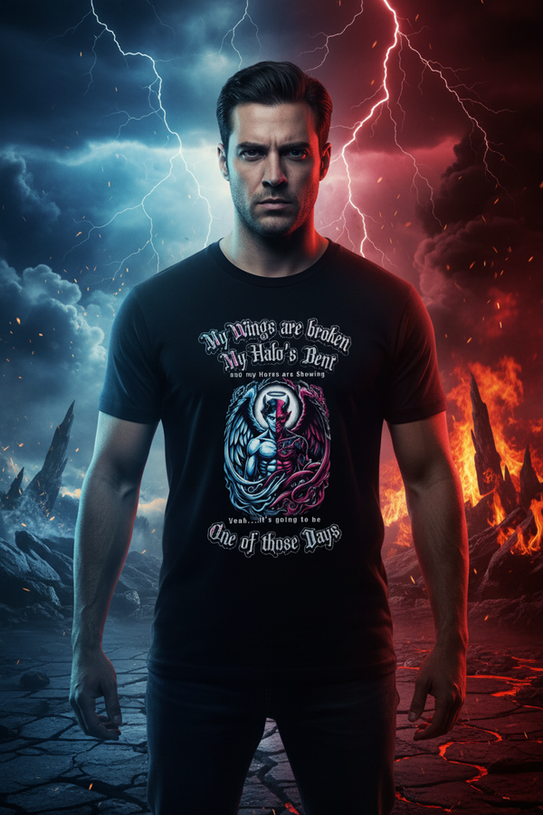Men's angel demon dark humor graphic tee on black – Wicked Reality