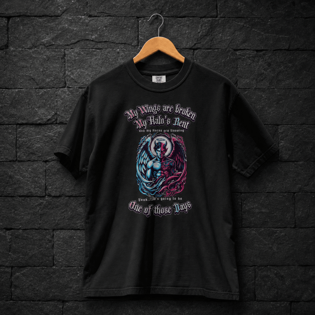 Men's angel demon dark humor graphic tee on black – Wicked Reality