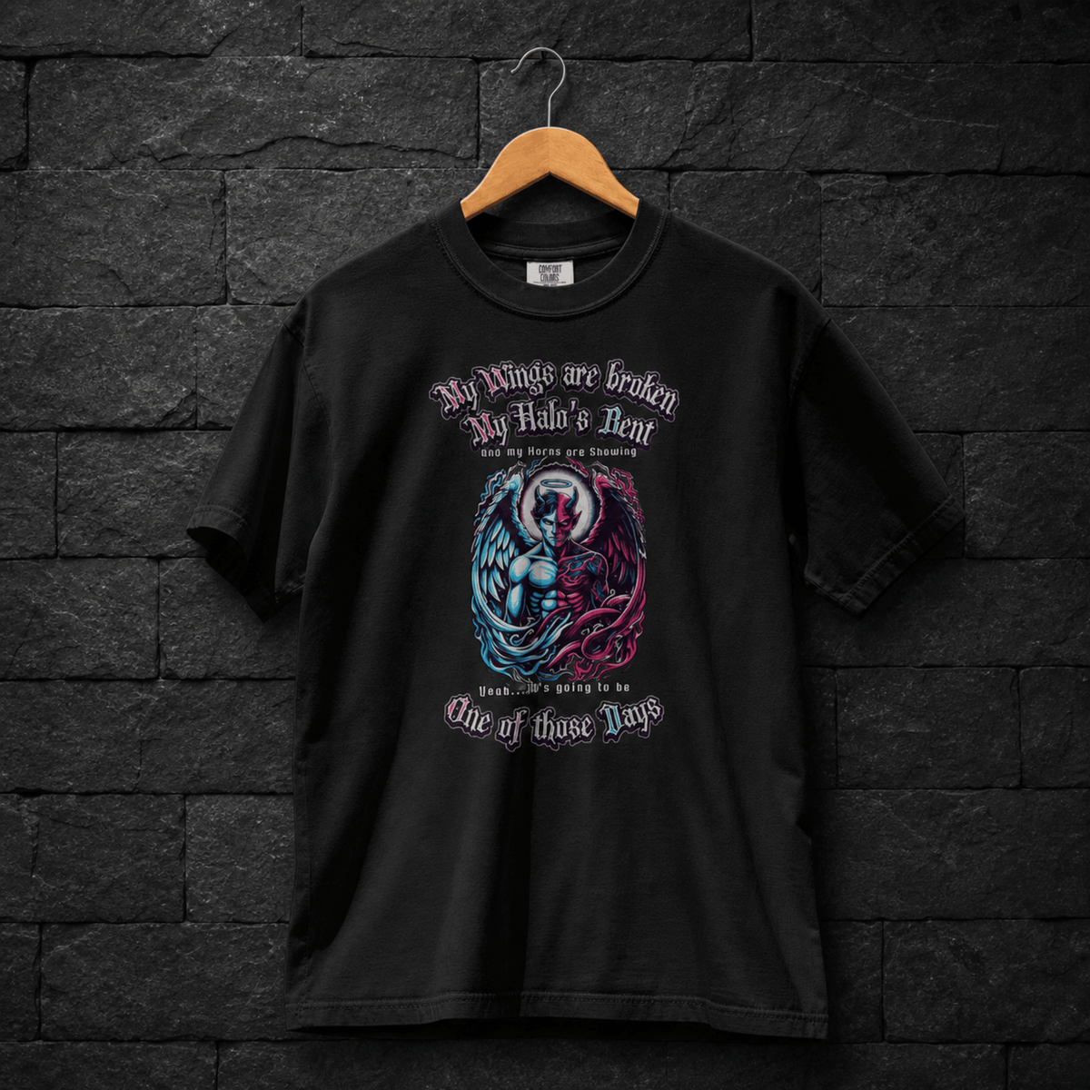 Men's angel demon dark humor graphic tee on black – Wicked Reality