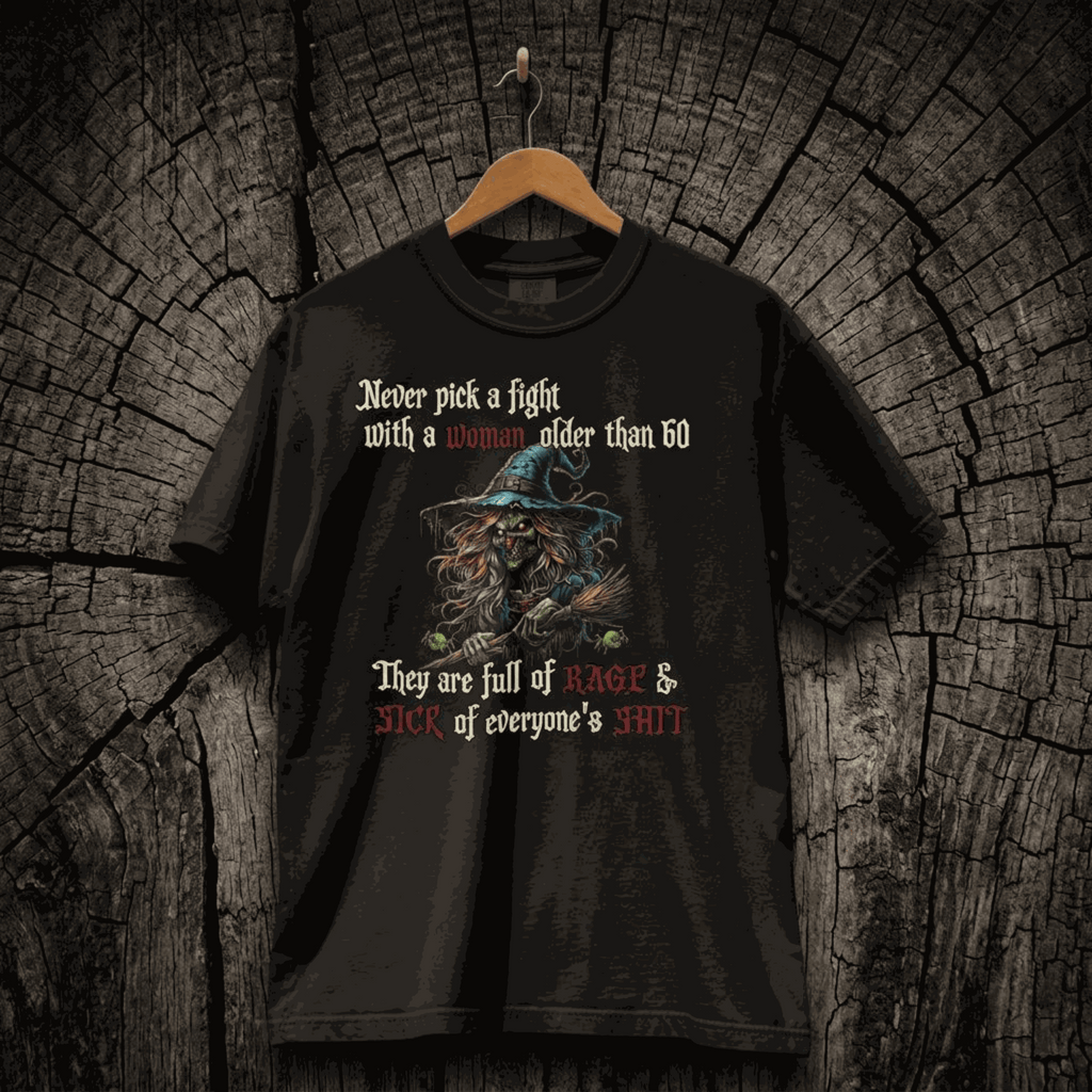 "Never Pick a Fight" – Women's Dark Humor Witch Graphic T-Shirt