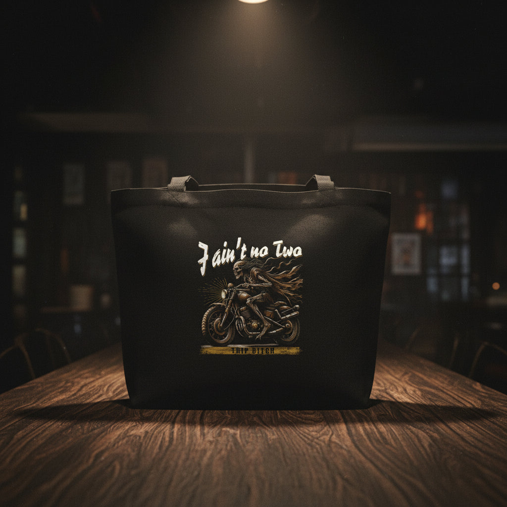Gothic biker canvas tote bag dark humor – Wicked Reality