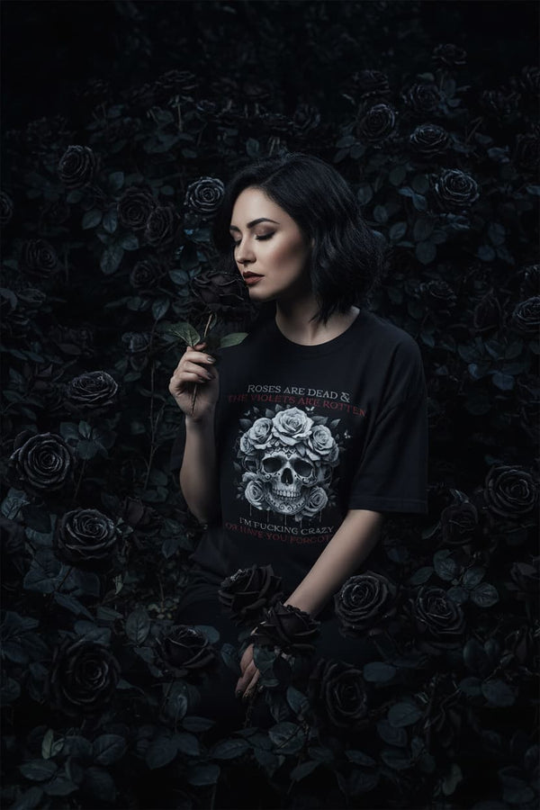 "Roses Are Dead" – Women's Dark Humor Floral Skull Graphic T-Shirt