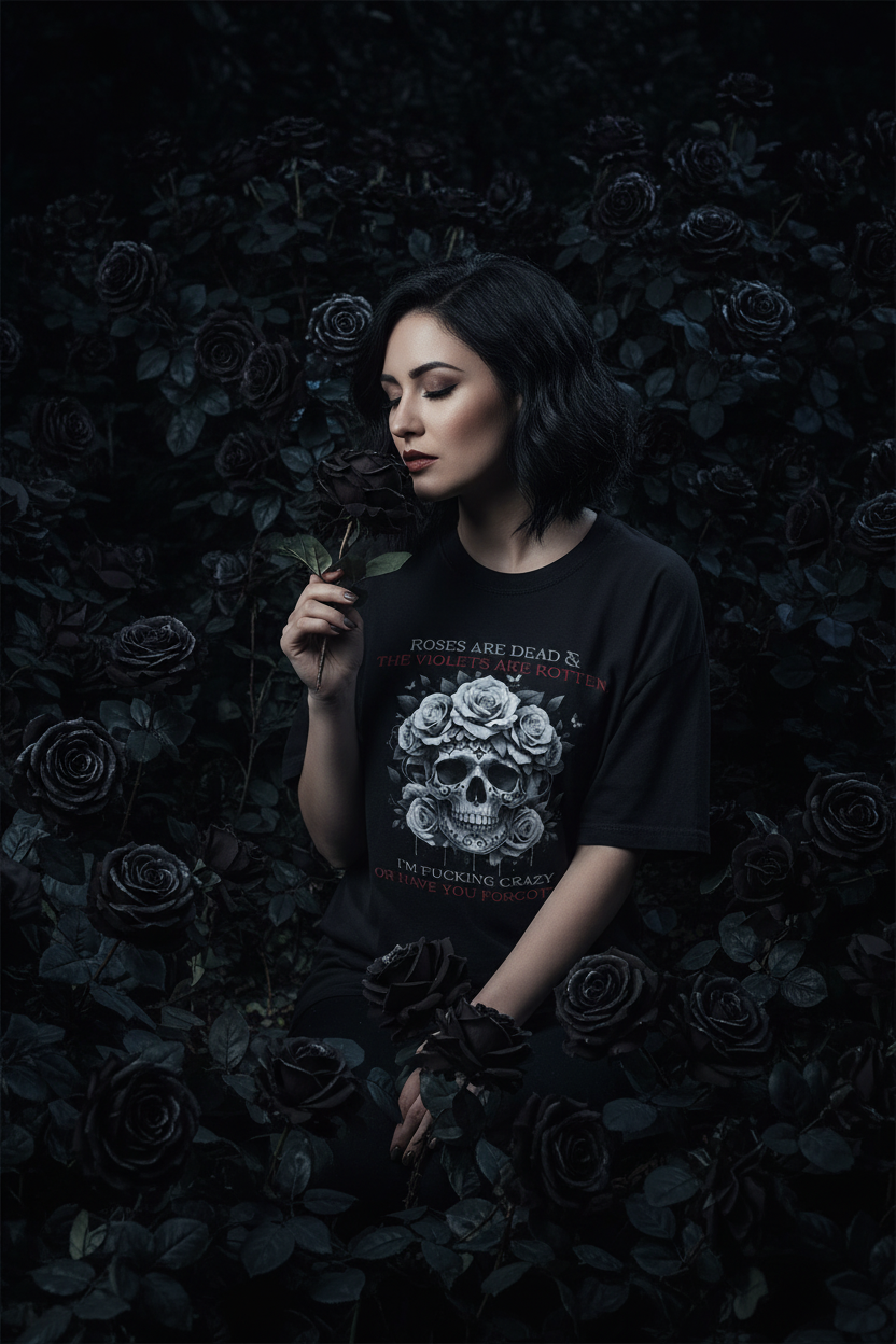 "Roses Are Dead" – Women's Dark Humor Floral Skull Graphic T-Shirt