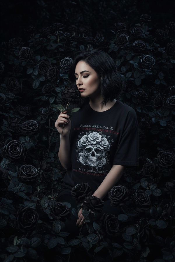 "Roses Are Dead" – Women's Dark Humor Floral Skull Graphic T-Shirt